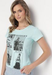 Miętowy Bawełniany T-shirt z Nadrukiem i Brokatem Kruita. Zielone t-shirty damskie Born2be, l, bez wzorów, z bawełny, bez kołnierzyka. Za 49.99 zł.