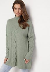 Jasnozielony Oversizowy Sweter Golf z Wiskozą i Ozdobnym Splotem z Przodu Goyanes. Zielone golfy damskie Born2be, l, bez wzorów, z jeansu, bez ramiączek. Za 59.99 zł.