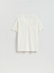T-shirt regular z kieszonką - złamana biel. T-shirty męskie Reserved, l, bez wzorów, z bawełny, bez kołnierzyka. Za 59.99 zł.