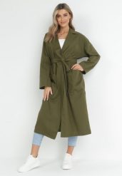 Zielony Płaszcz Oversize z Wiązanym Paskiem Ziyanna. Zielone płaszcze damskie Born2be, l, bez wzorów, z materiału. Za 309.99 zł.
