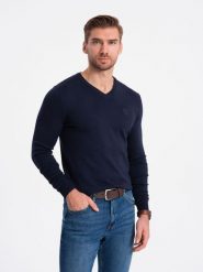 Elegancki sweter męski BASIC V-neck z wiskozą - granatowy V22 OM-SWBS-0107 (NAVY) - XXL. Niebieskie swetry męskie Ombre Clothing, l, bez wzorów, z wiskozy, bez kołnierzyka. W wyprzedaży za 89.99 zł.
