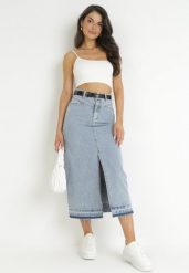 Jasnoniebieska Spódnica Jeansowa Midi z Paskiem z Imitacji Skóry Kiarmi. Niebieskie spódniczki damskie Born2be, m, bez wzorów, z jeansu, midi. Za 89.99 zł.
