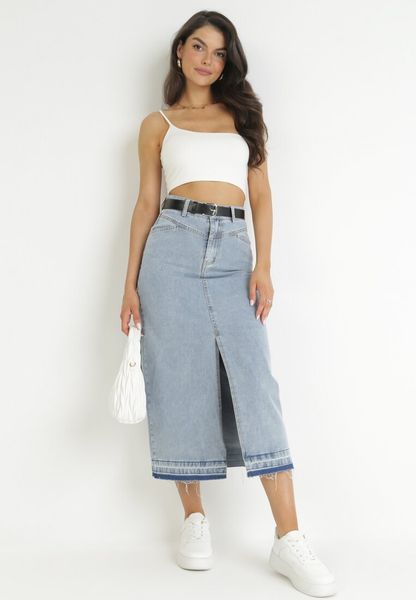 Jasnoniebieska Spódnica Jeansowa Midi z Paskiem z Imitacji Skóry Kiarmi. Niebieskie spódniczki damskie Born2be, m, bez wzorów, z jeansu, midi. Za 99.99 zł.