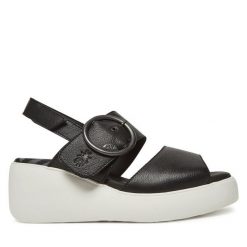 Sandały Fly London. Czarne sandały damskie Fly London, bez wzorów, bez obcasa, na koturnie. Za 399.99 zł.
