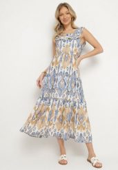 Niebieska Rozkloszowana Sukienka z Wiskozą Wiązana na Plecach w Print Boho Turielia. Niebieskie sukienki damskie Born2be, na spacer, na lato, l, bez wzorów, z wiskozy, boho, bez kołnierzyka, bez ramiączek, maxi, rozkloszowane. W wyprzedaży za 63.99 zł.