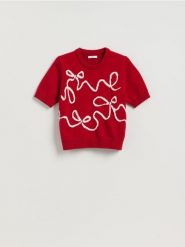 Sweter z kokardkami - czerwony. Czerwone swetry klasyczne damskie Reserved, l, z dzianiny, bez kołnierzyka. Za 109.99 zł.