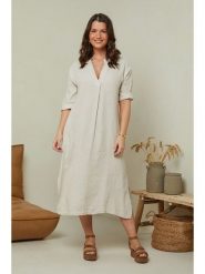 Curvy Lady Lniana sukienka w kolorze beżowym rozmiar: 40/42. Brązowe sukienki damskie Curvy Lady, bez wzorów, ze lnu, klasyczne, bez kołnierzyka, bez ramiączek, midi. Za 171.28 zł.
