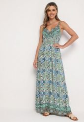 Zielono-Niebieska Wiskozowa Sukienka Boho na Ramiączkach z Gumką w Pasie Elorea. Zielone sukienki damskie Born2be, na lato, m, bez wzorów, z materiału, boho, bez kołnierzyka, bez ramiączek, maxi. W wyprzedaży za 51.99 zł.