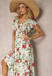 Jasnozielona Wiskozowa Sukienka w Kwiatowy Print Rozkloszowana Maxi Veradisia. Zielone sukienki damskie Renee, na plażę, na lato, l, bez wzorów, z wiskozy, bez kołnierzyka, bez ramiączek, maxi, rozkloszowane. W wyprzedaży za 76.99 zł.