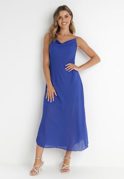 Niebieska Sukienka Philice. Niebieskie sukienki damskie Born2be, z aplikacjami, z tkaniny, glamour, bez kołnierzyka, bez ramiączek, maxi. Za 119.99 zł.
