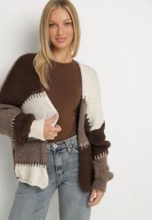 Beżowy Kardigan z Wełną i Wiskozą w Patchworkowe Łaty Fesunesa. Brązowe kardigany damskie Born2be, bez wzorów, z jeansu. Za 149.99 zł.