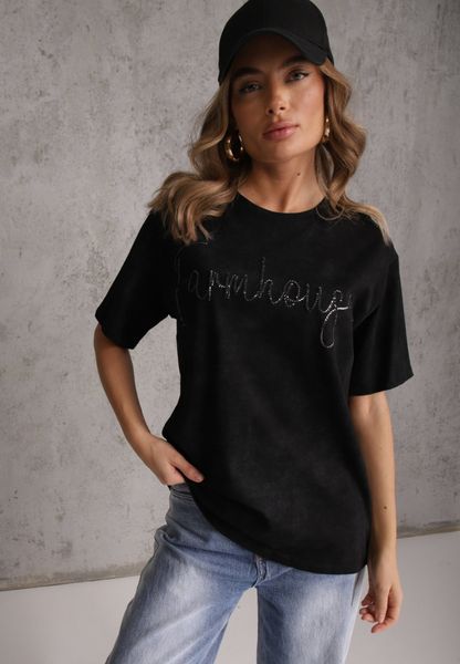 Czarny Oversizowy T-shirt z Bawełny Zdobiony Haftem z Cekinami Marivia. Czarne t-shirty damskie Renee, l, z aplikacjami, z bawełny, bez kołnierzyka. Za 49.99 zł.