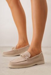 Ciemnobeżowe Mokasyny z Prostokątną Metaliczną Ozdobą Aeleorane. Brązowe mokasyny damskie Born2be, z materiału. Za 119.99 zł.