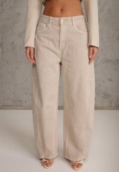 Beżowe Jeansy z Bawełny Typu Balloon High Waist Ozdobione Przeszyciami Eunaris. Brązowe jeansy damskie Renee, z podwyższonym stanem. Za 119.99 zł.