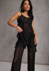Czarny Eteryczny Komplet z Koronką i Falbankami Top i Spodnie Wide Leg Pretilaine. Czarne spodnie materiałowe damskie Renee, bez wzorów, z koronki, boho. Za 119.99 zł.
