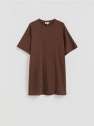 Bawełniana sukienka mini - brązowy. Brązowe sukienki damskie Reserved, na co dzień, l, bez wzorów, z bawełny, bez kołnierzyka, bez ramiączek, mini, proste. Za 129.99 zł.