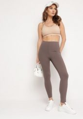 Brązowe Legginsy z Wysokim Stanem i Gumką w Pasie Norolia. Brązowe legginsy damskie Born2be, l, bez wzorów, z jeansu. Za 39.99 zł.