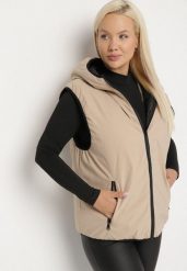 Beżowa Dwustronna Kamizelka z Kapturem Zdobiona Pikowanymi Przeszyciami Tuliona. Brązowe kamizelki damskie Born2be, plus size, z jeansu. Za 119.99 zł.