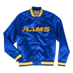 Lekka satynowa kurtka Los Angeles Rams. Niebieskie kurtki damskie Mitchell & Ness, s, bez wzorów, z dżerseju, bez kaptura. Za 486.00 zł.