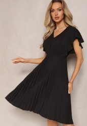 Czarna Rozkloszowana Sukienka Midi z Plisami na Dole Nairata. Czarne sukienki damskie Renee, m, bez wzorów, bez kołnierzyka, bez ramiączek, midi, plisowane. Za 59.99 zł.