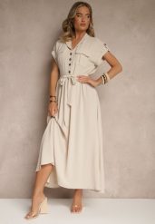 Beżowa Koszulowa Sukienka z Krótkim Rękawem Wiązana w Talii Nalumea. Brązowe sukienki damskie Renee, na co dzień, m, bez wzorów, eleganckie, bez kołnierzyka, bez ramiączek, maxi, koszulowe. W wyprzedaży za 67.99 zł.