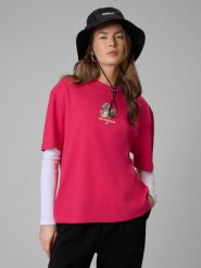 4F T-shirt loose z nadrukiem damski - różowy M. Czerwone t-shirty damskie 4f, m, bez wzorów, z bawełny, bez kołnierzyka. Za 79.99 zł.