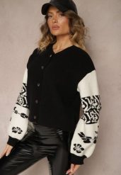 Czarny Kardigan z Wiskozy na Guziki Ozdobiony Geometrycznym Wzorem Nelaya. Czarne kardigany damskie Renee, uniwersalny, bez wzorów, z wiskozy. Za 99.99 zł.