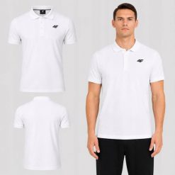 KOSZULKA POLO MĘSKA SPORTOWA 4F BAWEŁNIANA BIAŁA M0771 SS26. Białe koszulki polo męskie 4f, m, bez wzorów, z bawełny, bez ramiączek. Za 89.99 zł.