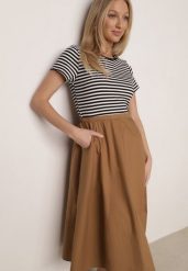 Czarno-Beżowa Rozkloszowana Sukienka z Bawełny z Górą w Paski Aethephaia. Czarne sukienki damskie Born2be, na co dzień, na lato, m, bez wzorów, z bawełny, casualowe, bez kołnierzyka, bez ramiączek, midi, proste. Za 99.99 zł.