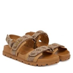 Sandały Guess. Brązowe sandały damskie Guess, z aplikacjami, bez obcasa, na płaskiej podeszwie. Za 499.99 zł.