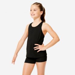 Koszulka bez rękawów do gimnastyki dziecięca Domyos. Czarne bluzki sportowe damskie DOMYOS, l, z materiału, bez kołnierzyka, bez ramiączek. Za 19.99 zł.