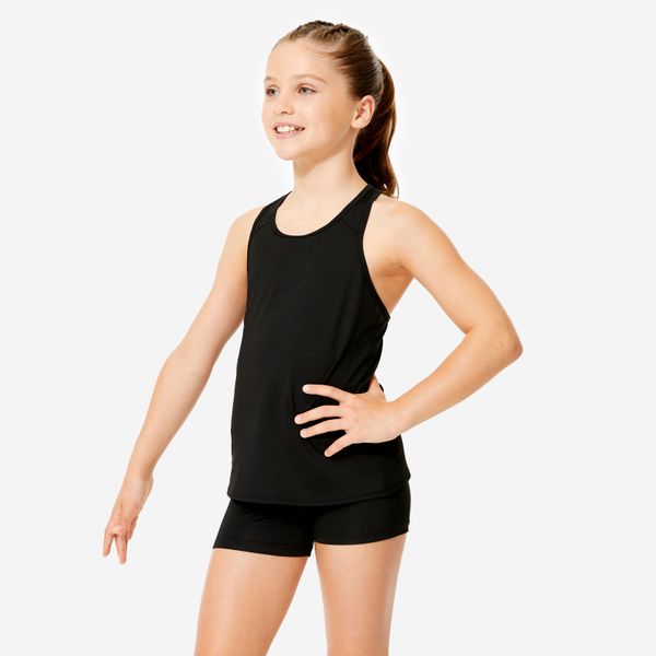 Koszulka bez rękawów do gimnastyki dziecięca Domyos. Czarne bluzki sportowe damskie DOMYOS, l, z materiału, bez kołnierzyka, bez ramiączek. Za 19.99 zł.