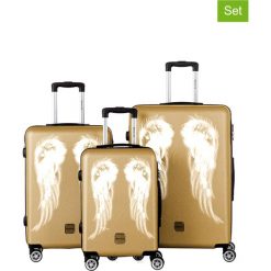 3-częściowy zestaw walizek w kolorze szampańskim. Brązowe walizki Bestseller Luggage, bez wzorów, z materiału. W wyprzedaży za 499.95 zł.
