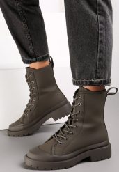 Zielone Botki Sznurowane Gemini. Zielone botki damskie Renee, z jeansu, eleganckie, z okrągłym noskiem, bez obcasa, na obcasie, bez zapięcia. Za 84.99 zł.