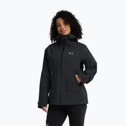 Kurtka przeciwdeszczowa damska Jack Wolfskin Rockpaw 3L. Czarne kurtki damskie Jack Wolfskin, l, bez wzorów, z materiału, bez kaptura. Za 949.99 zł.
