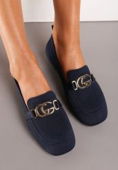 Granatowe Mokasyny Wsuwane ze Ściętym Noskiem i Metaliczną Klamerką Kanela. Niebieskie mokasyny damskie Renee. Za 44.99 zł.