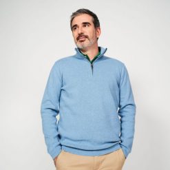 Sweter do golfa męski MW500 z półgolfem. Niebieskie kardigany męskie INESIS, m, bez wzorów, z bawełny, eleganckie, bez kołnierzyka. Za 149.99 zł.