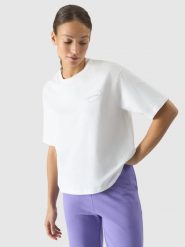 4F T-shirt oversize z nadrukiem damski - biały XS. Białe t-shirty damskie 4f, xs, bez wzorów, z bawełny, bez kołnierzyka. W wyprzedaży za 39.99 zł.