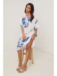 Le Monde du Lin Lniana sukienka w kolorze biało-niebieskim rozmiar: 36/38. Białe sukienki damskie Le Monde du Lin, bez wzorów, ze lnu, bez kołnierzyka, bez ramiączek, midi. Za 165.99 zł.