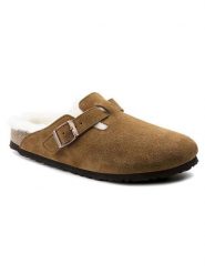 Birkenstock Skórzane klapki "Boston" w kolorze jasnobrązowym rozmiar: 39. Brązowe klapki damskie Birkenstock, bez wzorów, z wełny, bez obcasa. Za 674.44 zł.