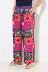 Damskie Spodnie palazzo wzór w płytki szeroka nogawka elastyczny pas. Fioletowe spodnie materiałowe damskie Ulla Popken, bez wzorów, z materiału, plus size. Za 211.99 zł.