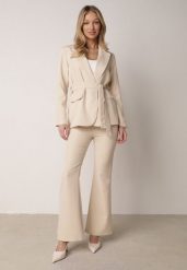 Beżowy Komplet Garniturowy Marynarka z Wiązanym Paskiem i Spodnie Falloria. Brązowe marynarki i żakiety damskie Born2be, bez wzorów. Za 199.99 zł.