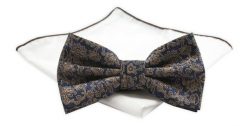 Mucha CHATTIER z Białą Poszetką - Beżowy Wzór, Niebieskie Tło. Białe krawaty i muchy męskie Chattier, bez wzorów, z poliesteru, eleganckie. Za 59.00 zł.