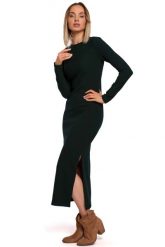 Prążkowana Maxi Sukienka z Rozcięciem - Zielona. Zielone sukienki damskie MOE, l, bez wzorów, z dzianiny, bez kołnierzyka, bez ramiączek, maxi. Za 223.90 zł.