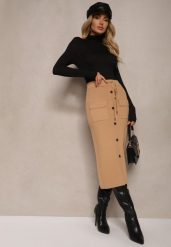 Beżowa Spódnica Ołówkowa z Kaszmirem High Waist z Ozdobnymi Guzikami i Kieszeniami Edithwen. Brązowe spódniczki damskie Renee, na zimę, bez wzorów, z dzianiny, z podwyższonym stanem, midi, ołówkowe. Za 129.99 zł.