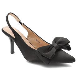 Czółenka damskie D&A by S.Barski o kobiecym fasonie z odkrytą piętą ozdobną kokardą spiczastym noskiem i smukłym obcasem czarne, MR62-9107 Black. Czarne czółenka damskie S.BARSKI, bez wzorów, bez obcasa, na obcasie. Za 149.00 zł.