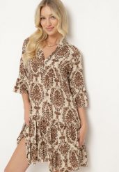 Brązowo-Beżowa Bawełniana Rozkloszowana Sukienka z Falbankami Miloa. Brązowe sukienki damskie Born2be, na co dzień, na lato, l, bez wzorów, z bawełny, klasyczne, bez kołnierzyka, bez ramiączek, mini, proste. Za 69.99 zł.