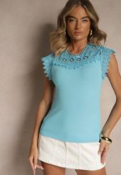 Niebieski Bawełniany Top z Koronkowymi Wstawkami Lirumina. Niebieskie topy damskie Renee, m, bez wzorów, z bawełny, bez kołnierzyka. Za 39.99 zł.
