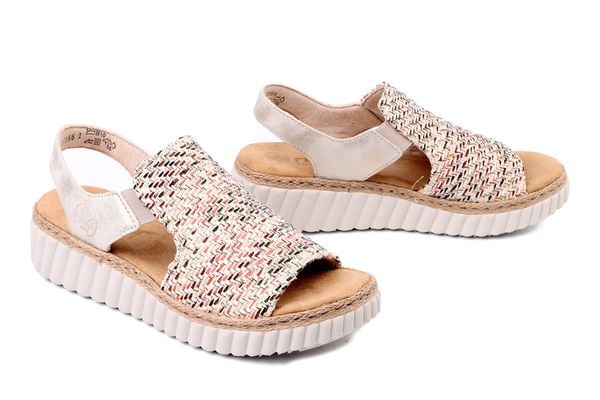 RIEKER 69276-60 beige, sandały damskie. Brązowe sandały damskie Rieker, bez wzorów, bez obcasa, na koturnie. Za 299.90 zł.