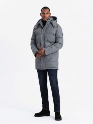 Ciepła długa kurtka męska typu parka z wełną – szary melanż V1 OM-JALJ-0217 - XXL. Szare kurtki męskie Ombre Clothing, l, z aplikacjami, z materiału. W wyprzedaży za 199.99 zł.